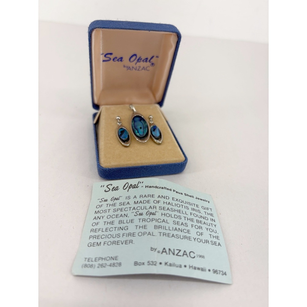 ANZAC Sea Opal Paua Shell Jewelry Set‎ Vintage 1988 Hawaii Pendant Earrings Blue